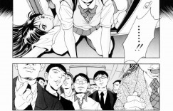 【エロ漫画】淫乱な女子高生たちに満員電車で痴漢をされるスレンダーお姉さん…されるがままの彼女はディープキスされたり、ディルドを挿入されたりやられたい放題となる！【上高野御池:female Carriage】