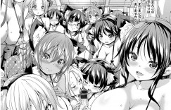 【エロ漫画】性学の授業で猫耳をかぶりエロ下着で男子を誘惑する巨乳のJKたち…ご奉仕フェラをして集団ハーレムセックスで中出しセックスしちゃう【丸居まる：LessonH】