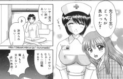 【エロ漫画】患者とナースのセックスバトル…先生のチンポをご奉仕フェラをして生ハメ中出しいちゃラブ３Pセックスしちゃう【車海老：LOVEバトル】