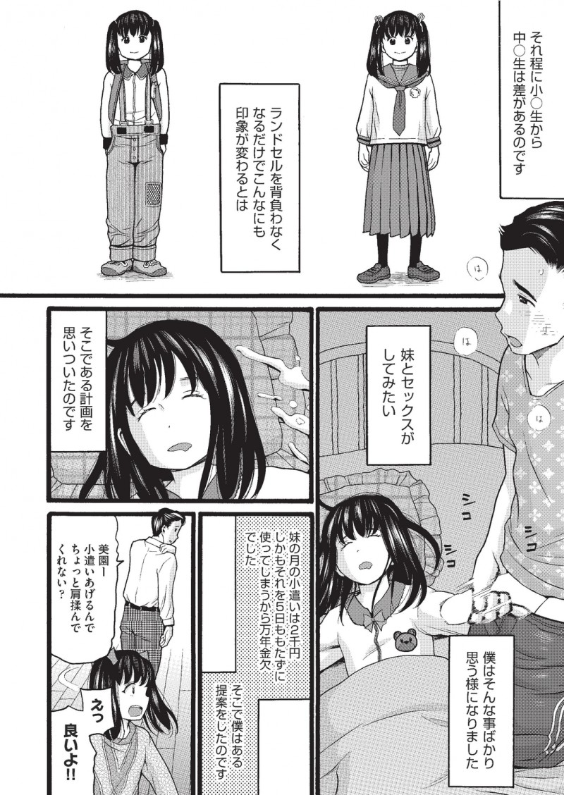 JCになった妹を女として見るようになってしまった兄が、お小遣いをあげるからとマッサージさせるようになり、それがエスカレートしていきついに妹の処女を奪ってしまう！