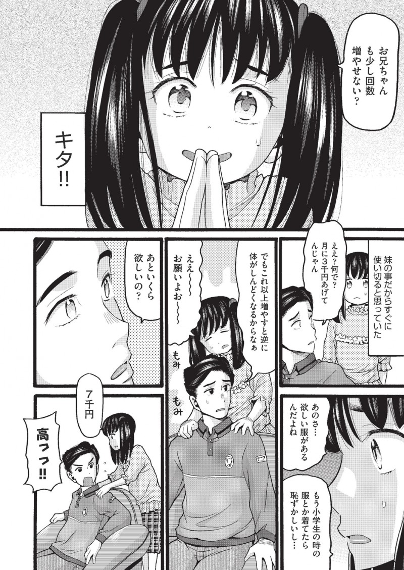 JCになった妹を女として見るようになってしまった兄が、お小遣いをあげるからとマッサージさせるようになり、それがエスカレートしていきついに妹の処女を奪ってしまう！