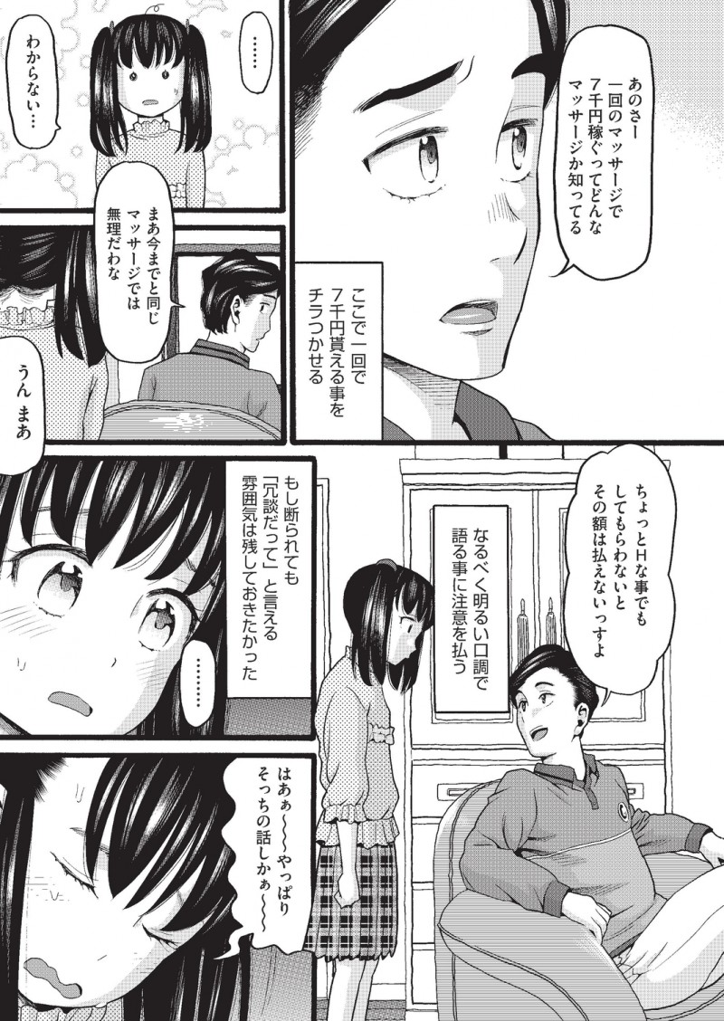 JCになった妹を女として見るようになってしまった兄が、お小遣いをあげるからとマッサージさせるようになり、それがエスカレートしていきついに妹の処女を奪ってしまう！