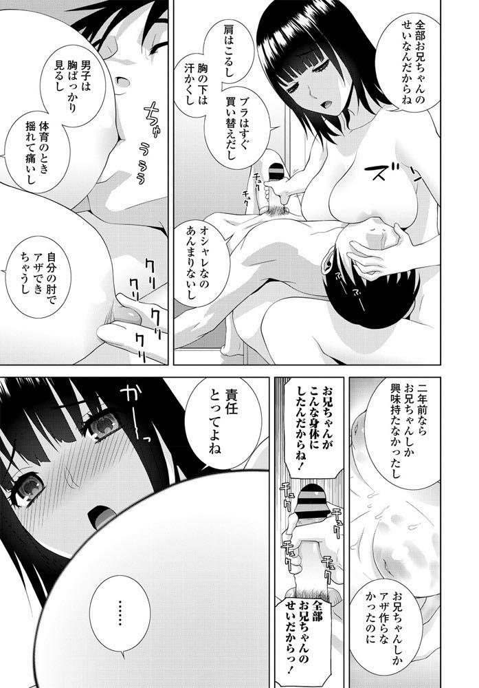 【エロ漫画】義兄ちゃんにちっぱい胸の時から揉まれ続けてIカップまでに成長した巨乳娘！毎日ひたすら揉み続けてパイズリできるようにまでなり欲情したチンポを生挿入中出しセックス！【志乃武丹英】