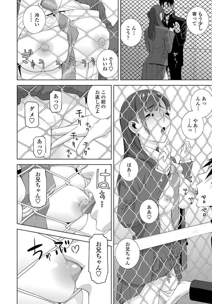 【エロ漫画】学校で義兄とフェンス越しにセックスする巨乳JK！フェンス越しにチンポとマンコを弄り合いびしょ濡れになったマンコに中出しセックス！【志乃武丹英】