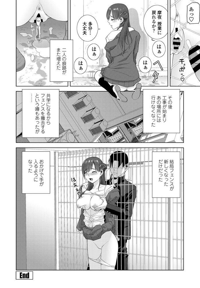 【エロ漫画】学校で義兄とフェンス越しにセックスする巨乳JK！フェンス越しにチンポとマンコを弄り合いびしょ濡れになったマンコに中出しセックス！【志乃武丹英】