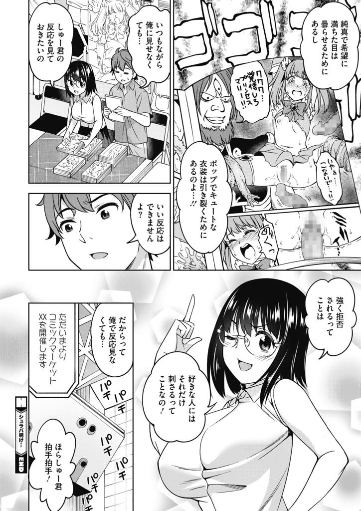 【エロ漫画】コミケの締め切りに間に合わせるために男友達を徹夜で手伝わせた朝に、感謝の気持ちとして朝立ちしているチンポをフェラチオしてあげる巨乳漫画家！電話中に背後からチンポを挿入されてフェラチオのお礼されちゃった！【アスヒロ】