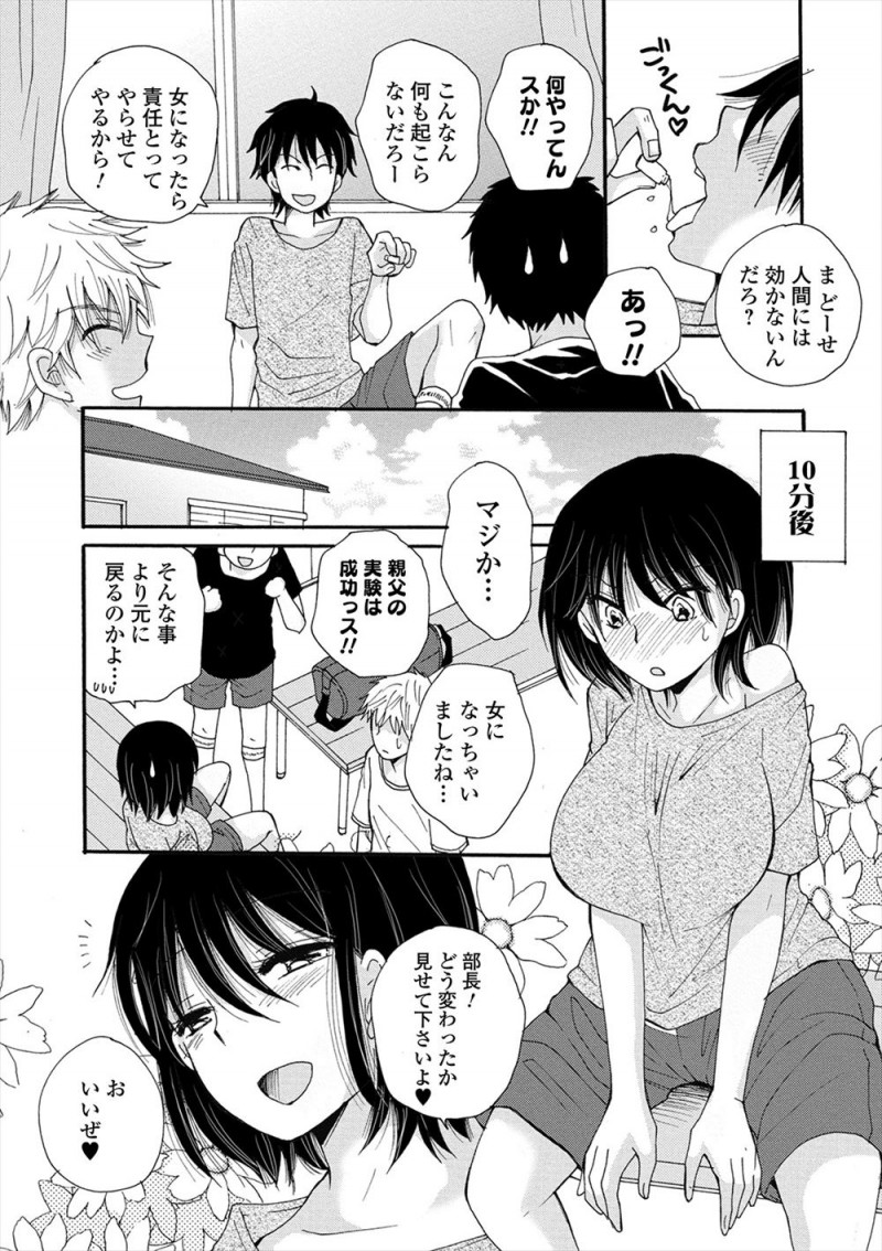 【エロ漫画】女体化薬を飲んで本当に巨乳女子になってしまった男子が、興奮した後輩たちに3Pセックスされて快楽に落ちていく！