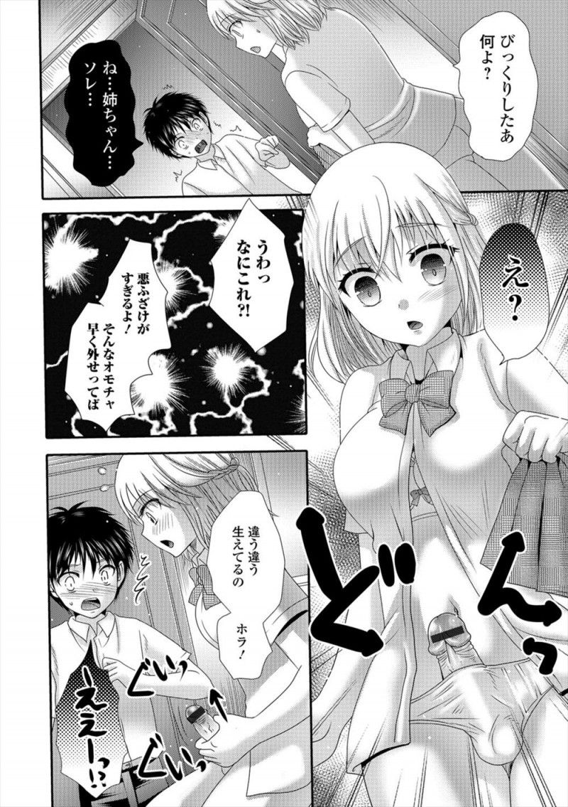 【エロ漫画】巨乳JKのお姉ちゃんにふたなりチンコが生えた。天然なお姉ちゃんのオナニーを手伝うのだが、69で雌チンコをフェラチオさせられ、アナルファックで弟が犯される