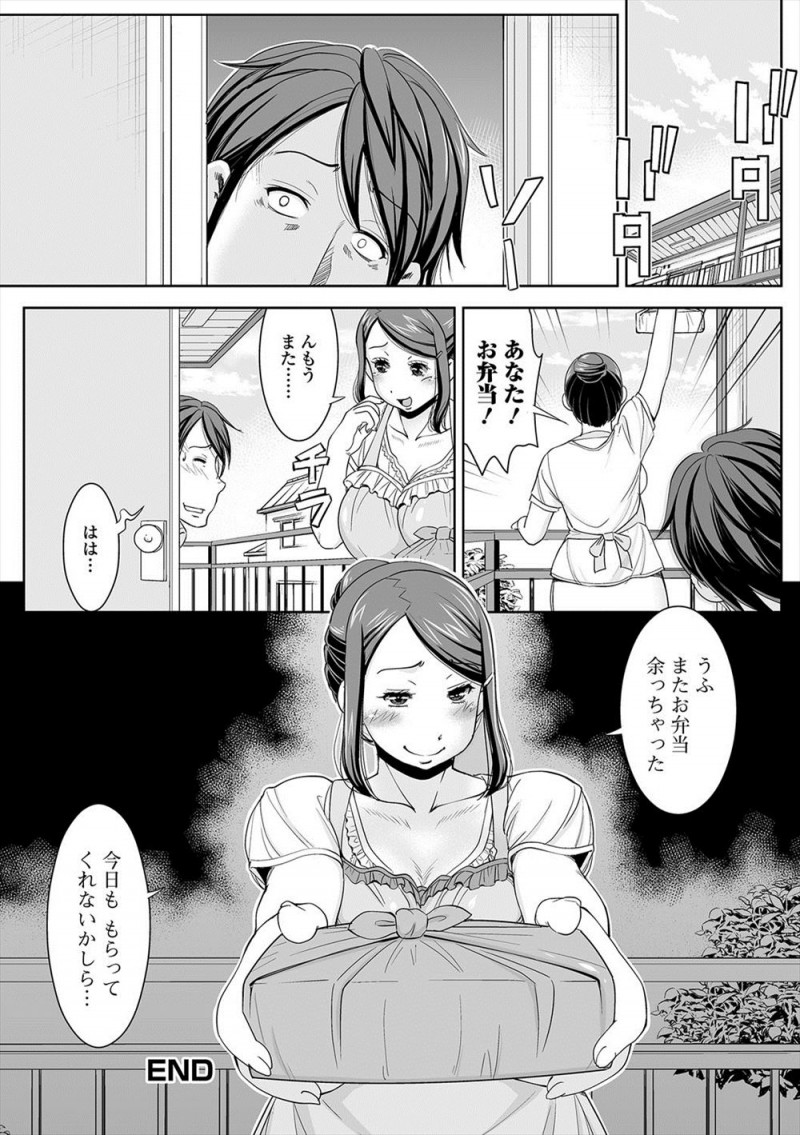 【エロ漫画】欲求不満な隣の奥さんが旦那が忘れていったと弁当をくれて、精力剤のたっぷりはいった弁当を食べた男が勃起が収まらず中出しセックスしてしまうｗ