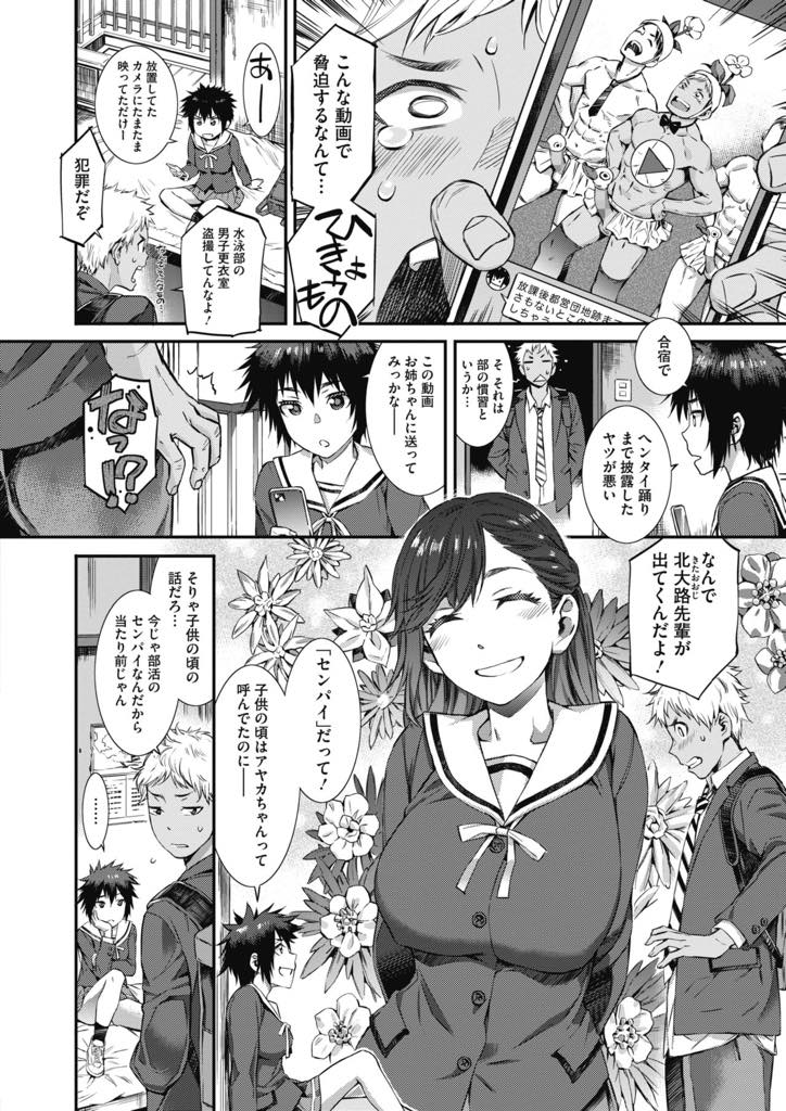 【エロ漫画】涼太は部活の合宿で全裸踊りをしているところを盗撮され、同じ部員のマドカに脅迫されていた。マドカの姉のアヤカに恋心を抱いているところを見破られ、アヤカにふさわしい男かどうか、チンチンを見せろと迫ってくる。【ムサシマル】