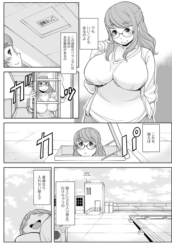 【エロ漫画】暇を持て余してる巨乳主婦がタワマンの屋上でオナニー！広く高い青空の下、オナニーするのは開放感あって最高です！ そこにセキュリティーセンターの人がやってきて…【ムラさん】